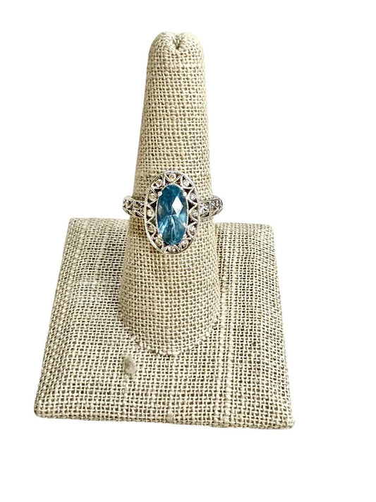 SS TACORI OVAL BLUE TOPAZ W/WHT CZ HALO DESIGN RING SZ 8