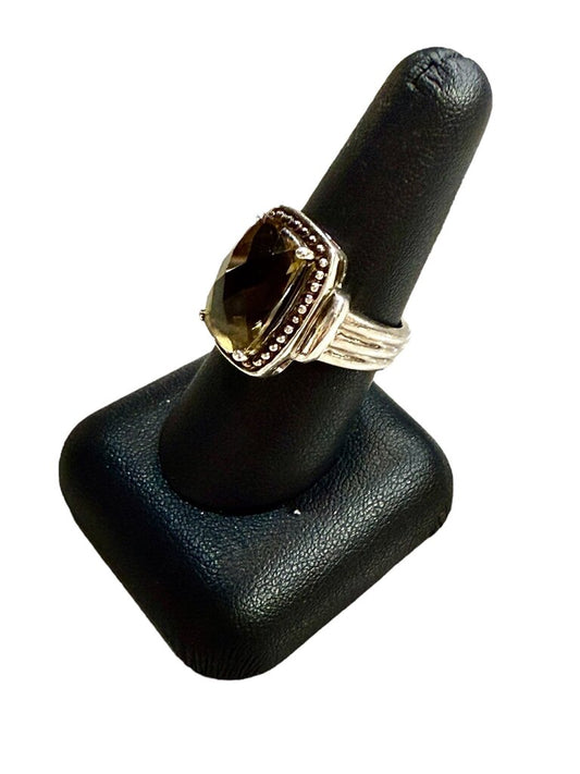 SS BROWN QUARTZ BEADED DESIGN RING SZ 8