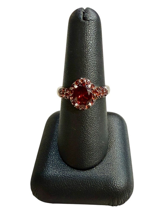 SS OVAL CREATED RUBY RING W/HALO DESIGN SZ 8