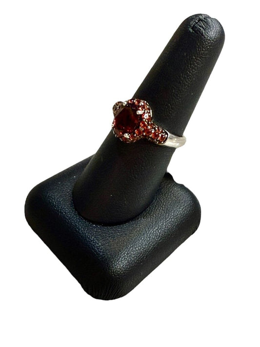 SS OVAL CREATED RUBY RING W/HALO DESIGN SZ 8