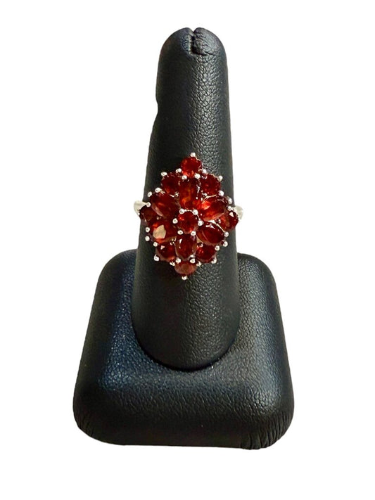 SS GARNET CLUSTER RING SZ 8