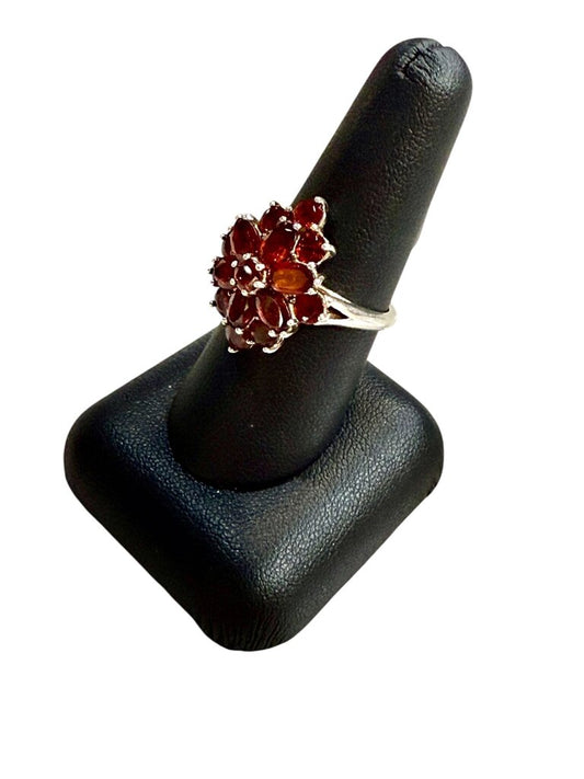 SS GARNET CLUSTER RING SZ 8