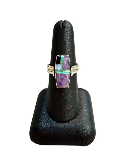 SS SPINNER RING PURPLE GREEN JADE, ONYX, OPAL, TURQ, RING SZ 7