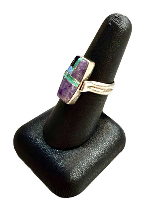 SS SPINNER RING PURPLE GREEN JADE, ONYX, OPAL, TURQ, RING SZ 7