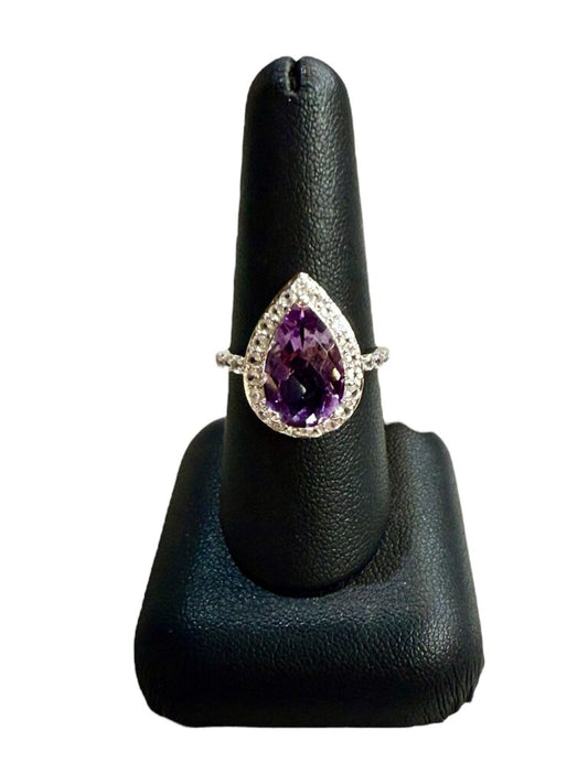 SS LARGE PEAR SHAPE AMETHYST CTR W/WHT TOPAZ HALO SZ 8.5