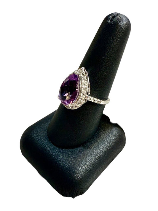 SS LARGE PEAR SHAPE AMETHYST CTR W/WHT TOPAZ HALO SZ 8.5