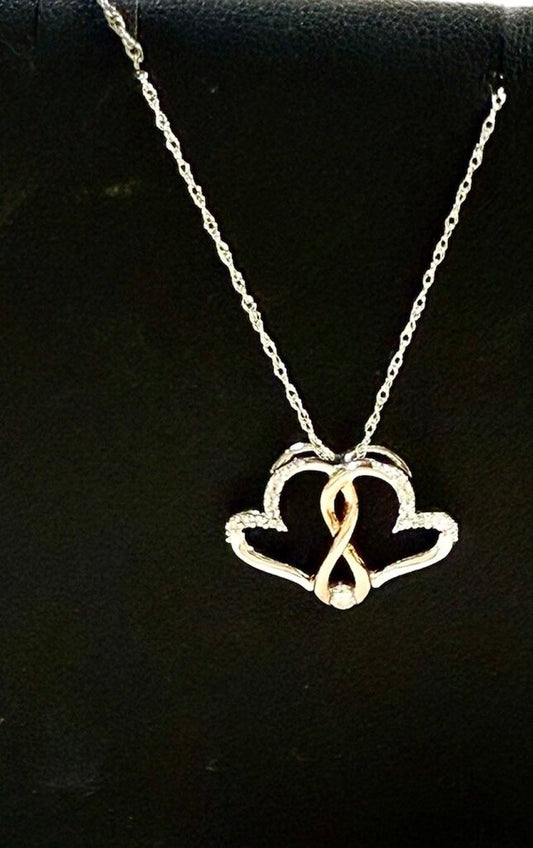 SS/RG PLATE W/MELEE DOUBLE HEART PENDANT ON 18" CHAIN