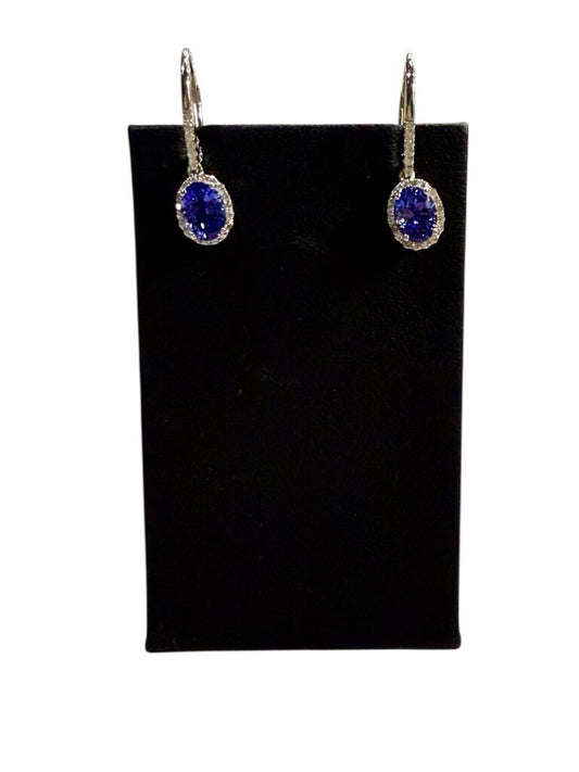 14KT WG OVAL TANZANITE HALO LEVER BACK EARRINGS