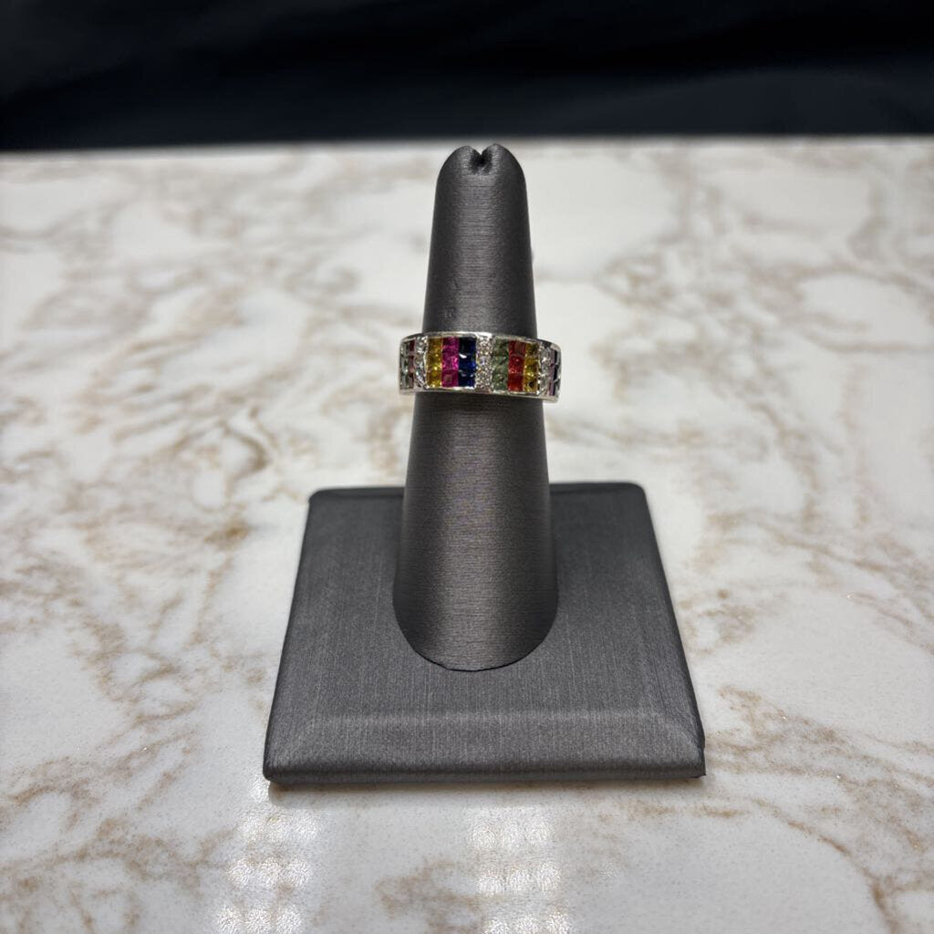 14KT WG WIDE BAND MULTI COLOR GEMS RING SZ 7