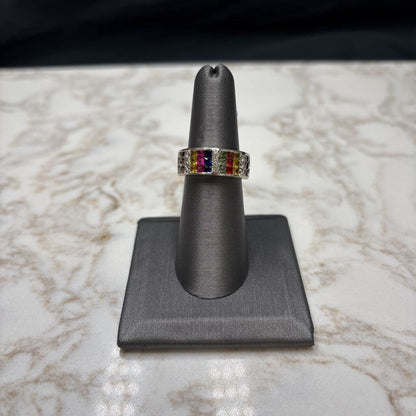 14KT WG WIDE BAND MULTI COLOR GEMS RING SZ 7