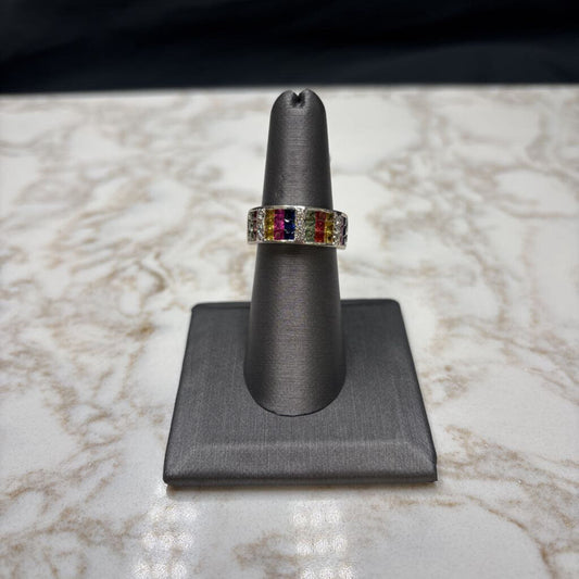 14KT WG WIDE BAND MULTI COLOR GEMS RING SZ 7