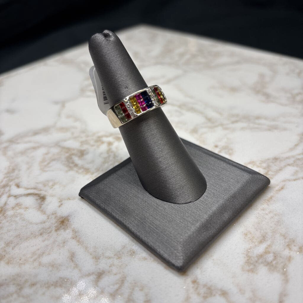 14KT WG WIDE BAND MULTI COLOR GEMS RING SZ 7