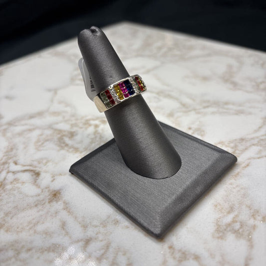 14KT WG WIDE BAND MULTI COLOR GEMS RING SZ 7