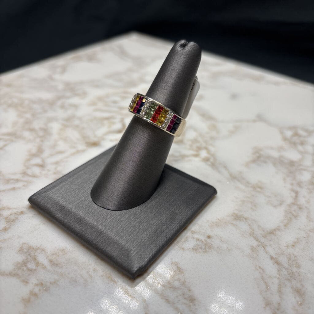 14KT WG WIDE BAND MULTI COLOR GEMS RING SZ 7
