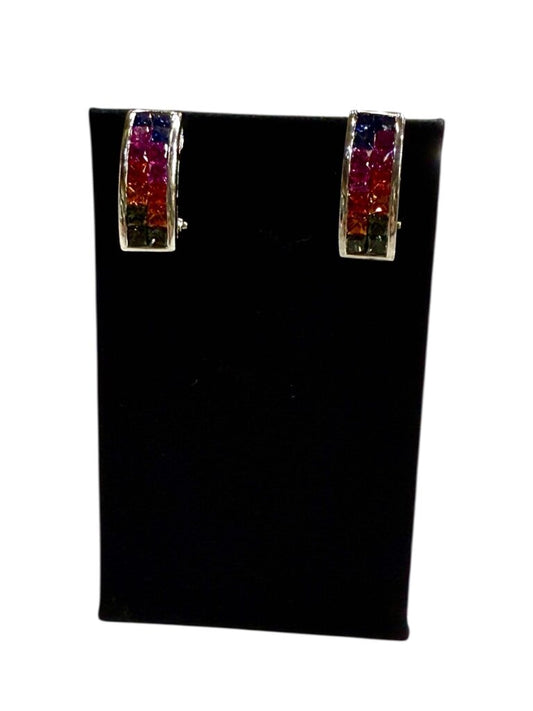 SS MULTI COLOR GEM STONE CHANNEL SET OMEGA BACK EARRINGS