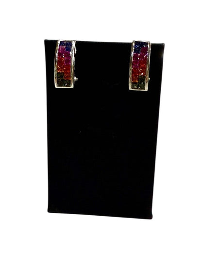 SS MULTI COLOR GEM STONE CHANNEL SET OMEGA BACK EARRINGS
