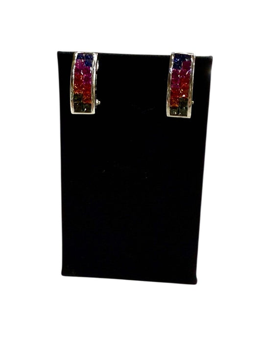 SS MULTI COLOR GEM STONE CHANNEL SET OMEGA BACK EARRINGS