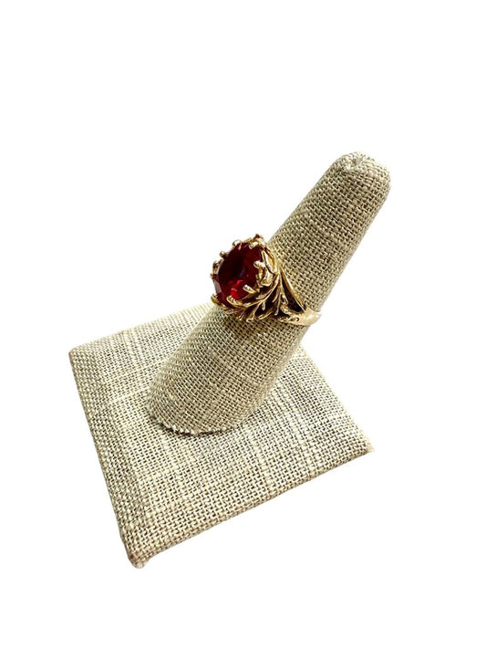 10KT YG LARGE RED SPINEL VINTAGE RING SZ 7
