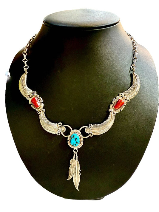 SS NAVAJO "RUNNING BEAR" NECKLACE TURQ CORAL FEATHERS