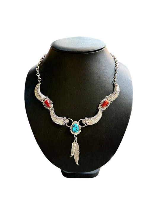 SS NAVAJO "RUNNING BEAR" NECKLACE TURQ CORAL FEATHERS