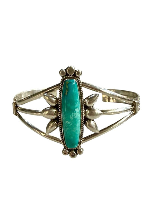 SS ALONGATED TURQ CUFF BRACELET NAVAJO "RUNNING BEAR"