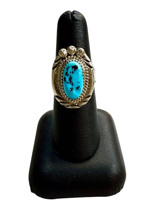 SS NAVAJO "RUNNING BEAR" TURQ BEZEL SAET CTR W/SUN DESIGN BAND SZ 7