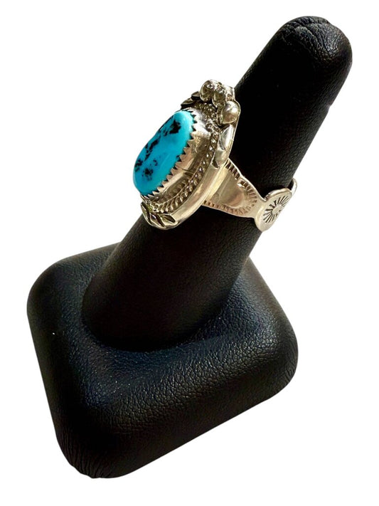 SS NAVAJO "RUNNING BEAR" TURQ BEZEL SAET CTR W/SUN DESIGN BAND SZ 7
