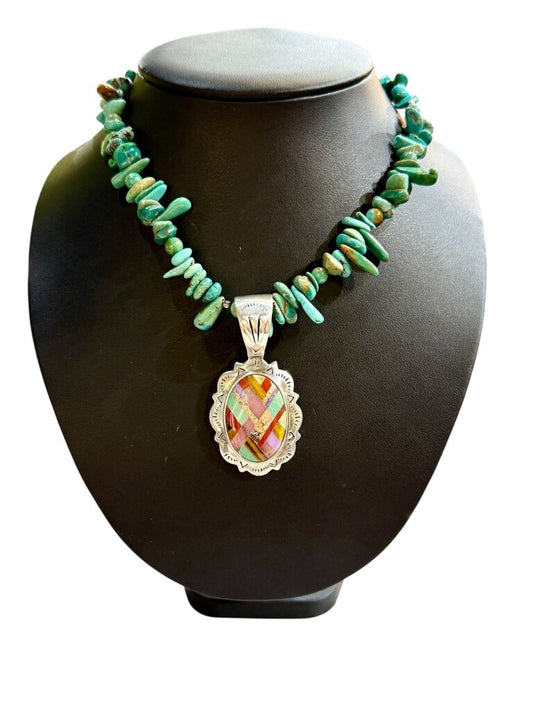 SS LARGE OVAL INLAY DESIGN PENDANT ON TURQ NECKLACE 26"