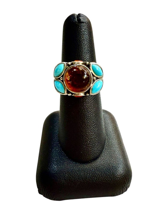SS CAB AMBER BEZEL SET W/TURQ ON BAND SZ 6.75