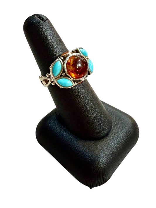 SS CAB AMBER BEZEL SET W/TURQ ON BAND SZ 6.75