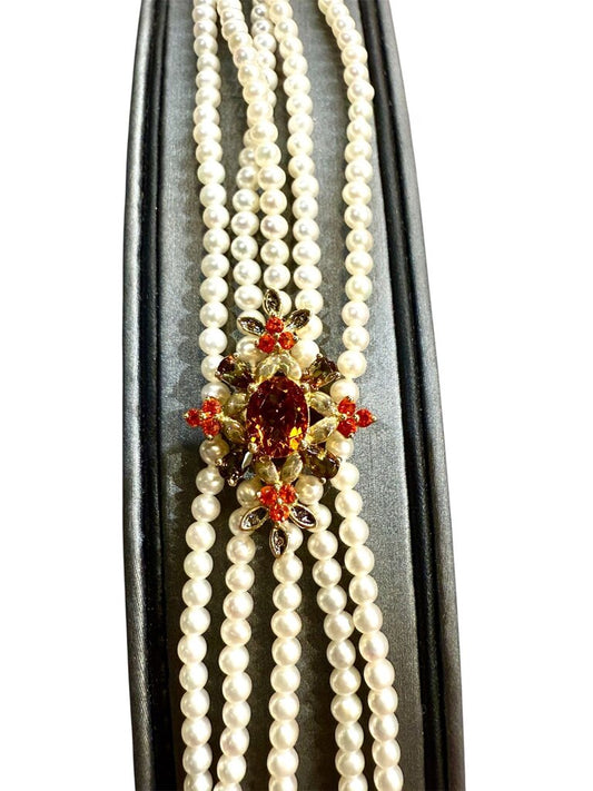 14KT YG MULTI STRAND PEARL W/ORANGE TOPAZ AND BROWN TOPAZ
