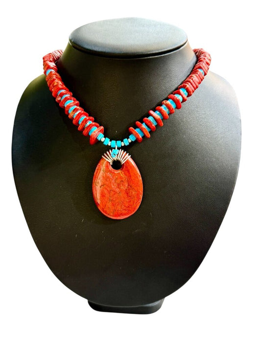 SS CORAL & TURQ NAVAJO " RUNNING BEAR" NECKLACE