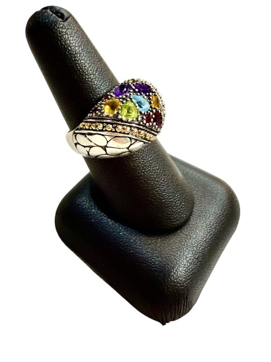 SS/18KT ROBERT MANSE MULTI COLOR STONES DOME SHAPE RING SZ 7.5