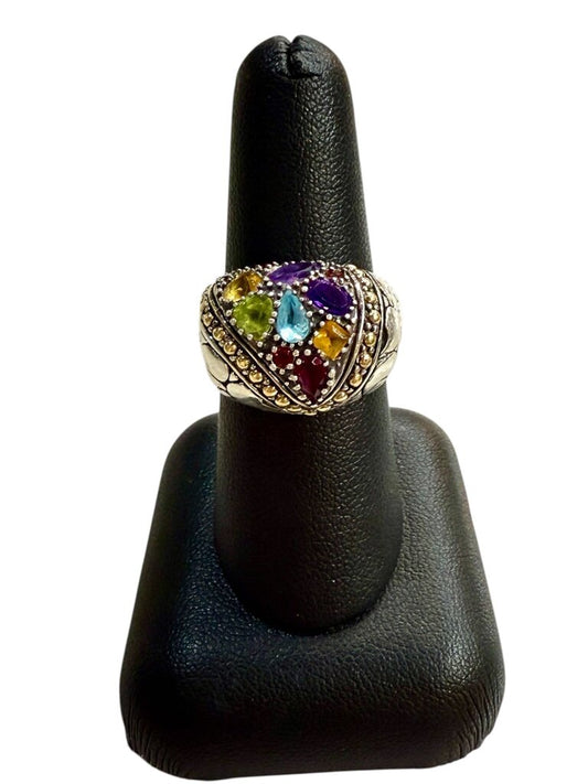 SS/18KT ROBERT MANSE MULTI COLOR STONES DOME SHAPE RING SZ 7.5