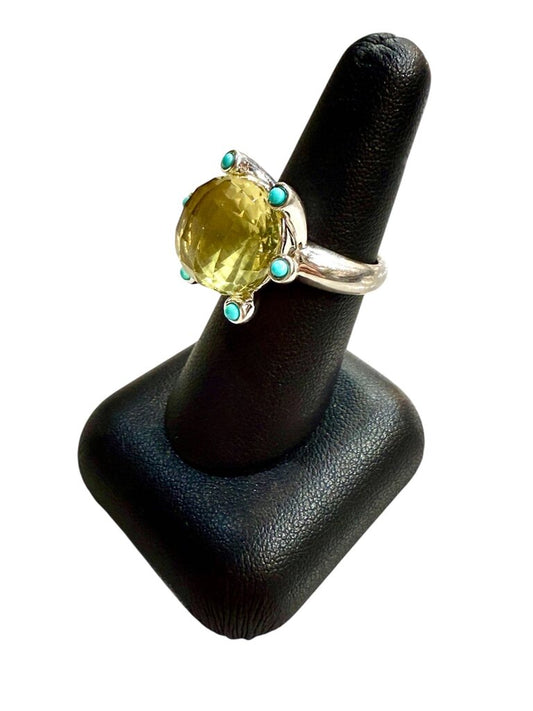 SS LEMON QUARTZ W/HALO TURQ RING SZ 7