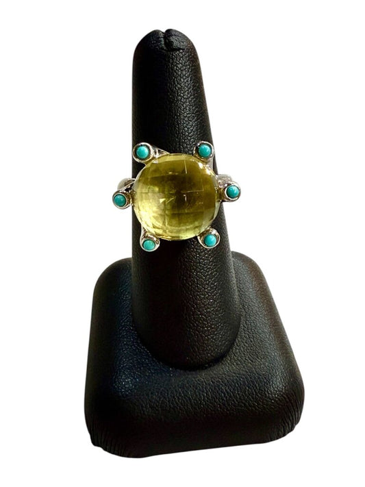 SS LEMON QUARTZ W/HALO TURQ RING SZ 7