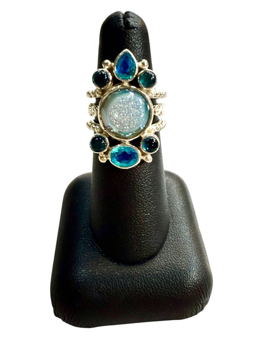 SS DRUZY BEZEL SET CTR W/ PEACOCK QUARTZ CAB TOPAZ STONES ADJUSTABLE BAND SZ 6