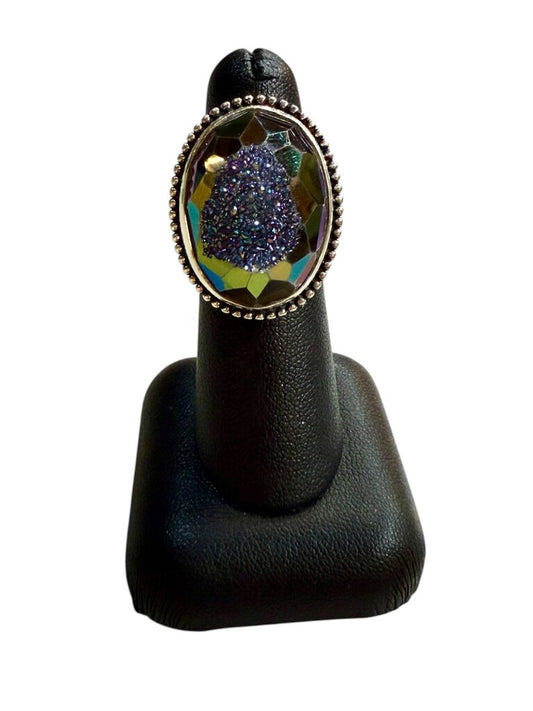 SS LG OVAL DRUZY QUARTZ BEZEL SET ADJUSTABLE BAND SZ 5.5