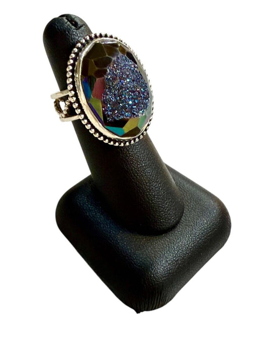 SS LG OVAL DRUZY QUARTZ BEZEL SET ADJUSTABLE BAND SZ 5.5