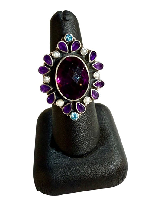 SS BEZEL SET AMETHYST W/HALO AMETHYST&BLUE TOPAZ & PEARL HALO RING SZ 7