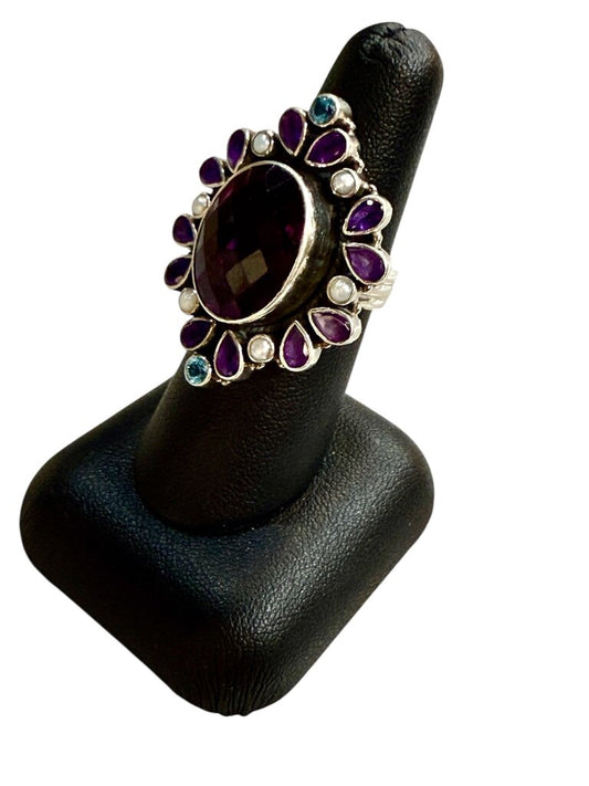 SS BEZEL SET AMETHYST W/HALO AMETHYST&BLUE TOPAZ & PEARL HALO RING SZ 7