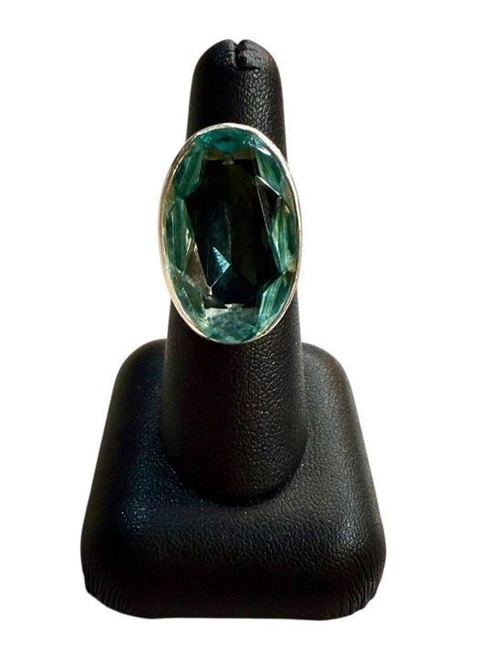 SS LARGE OVAL AQUAMARINE SIM RING SZ 7