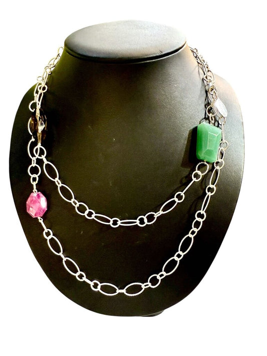 SS LONG NECKLACE W/RUBY&EMERALD SMOKEY QUARTZ