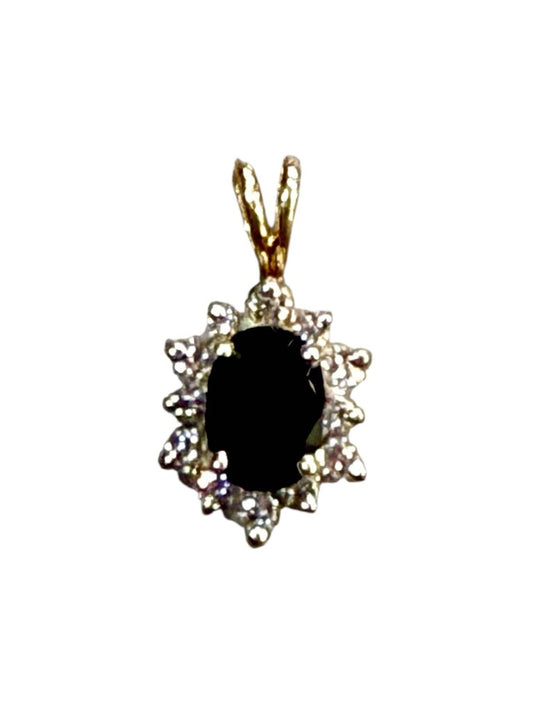 14KT TUTONE OVAL COLOR TREAED SAPPHIRE W/RB HALO 3/8TW NO CHAIN