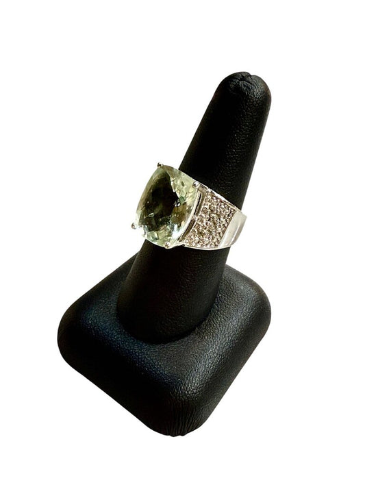 SS ALONGATED CUSHION CUT PRASIOLITE STONE ON WIDE BAND SZ 8