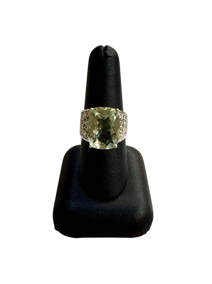 SS ALONGATED CUSHION CUT PRASIOLITE STONE ON WIDE BAND SZ 8