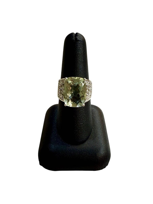 SS ALONGATED CUSHION CUT PRASIOLITE STONE ON WIDE BAND SZ 8