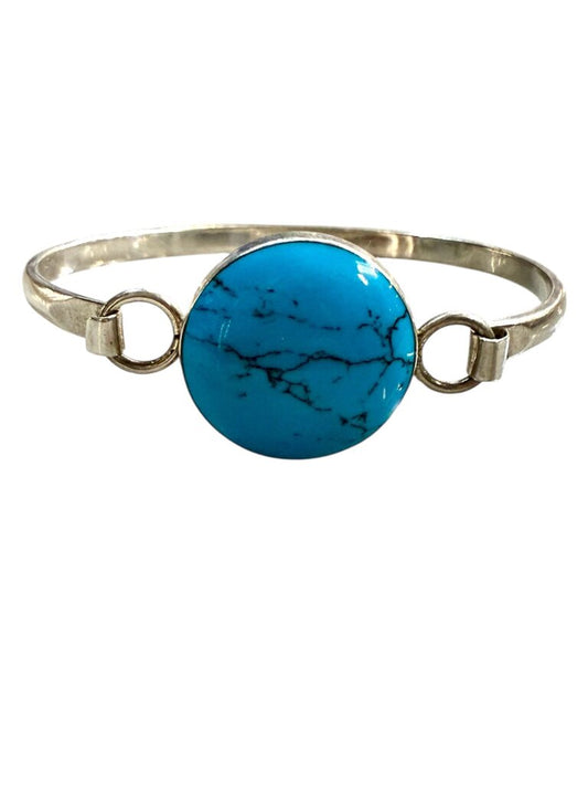 SS LARGE TURQ BEZEL SET HOOK STYLE BANGLE BRACELET