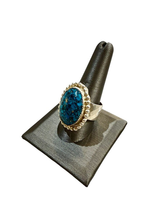 SS CREATED TURQ BEZEL SET W/BEADED HALO WIDE BAND SZ 10