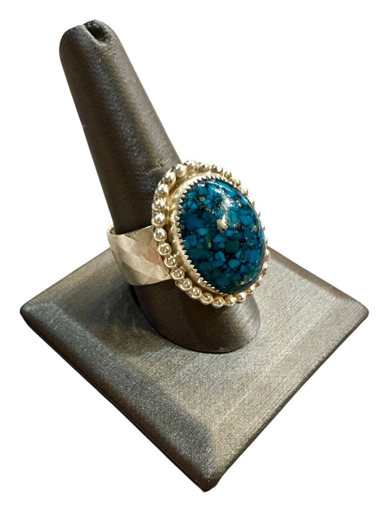 SS CREATED TURQ BEZEL SET W/BEADED HALO WIDE BAND SZ 10